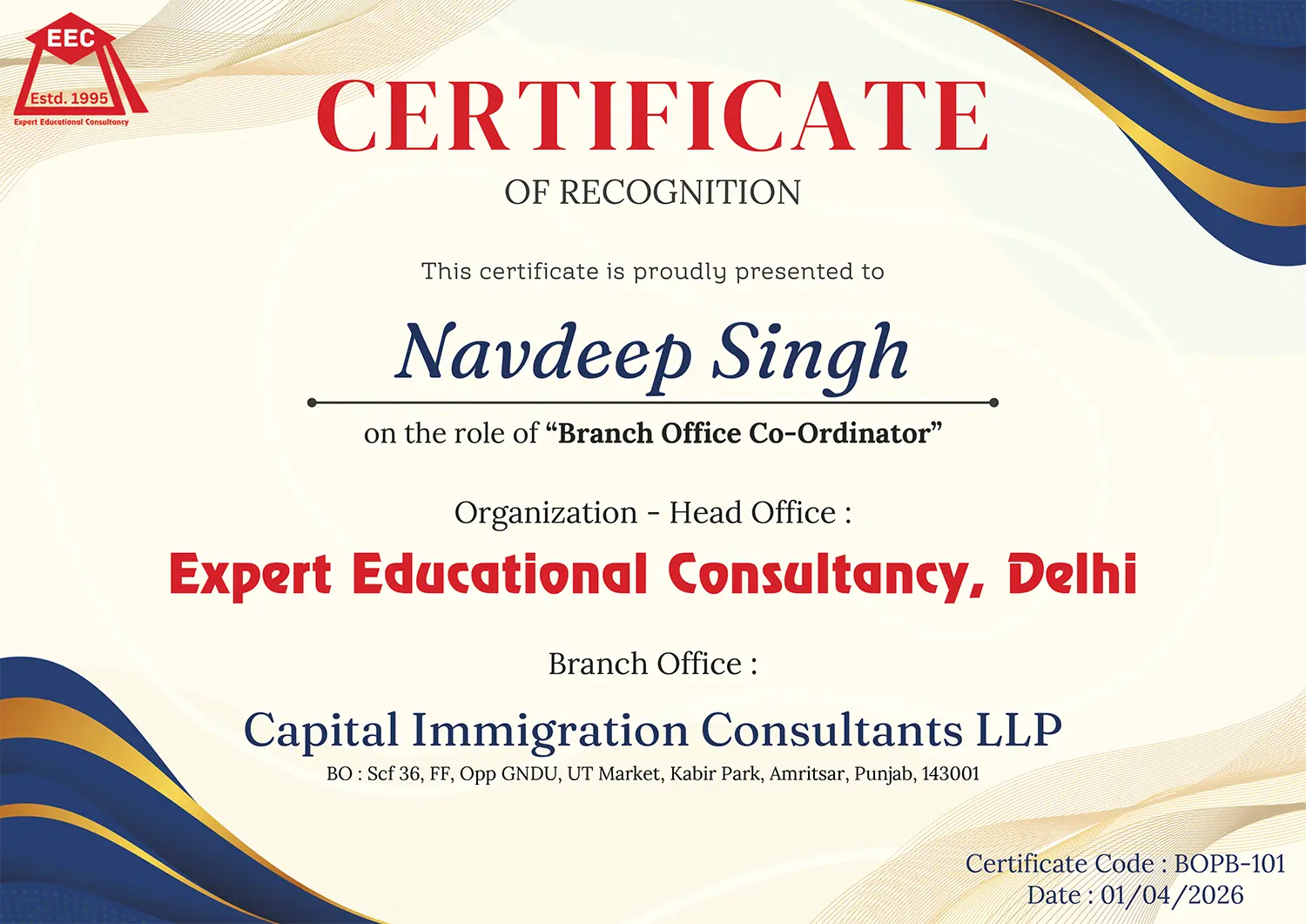 Certificate of Recognition CIC